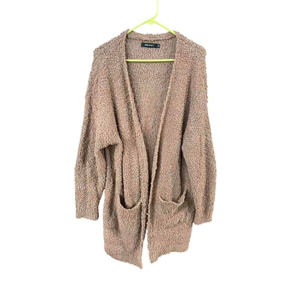 MEROKEETY Womens Popcorn Knit Cardigan Sweater Tan Open Front Pockets XL
